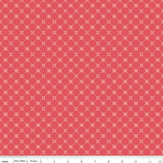 Fat Quarter End of Bolt - Afternoon Tea Floral Spoons C14034 Sunset - Riley Blake Designs - Lattice Grid Flowers - Quilting Cotton Fabric