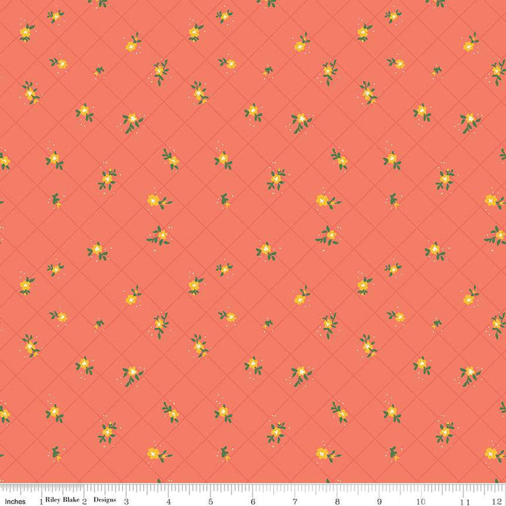 Market Street Flower Grid C14128 Coral - Riley Blake Designs - Floral Flowers Blossoms Dots Diagonal Grid - Quilting Cotton Fabric