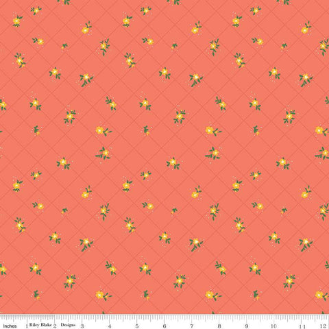 SALE Market Street Flower Grid C14128 Coral - Riley Blake Designs - Floral Flowers Blossoms Dots Diagonal Grid - Quilting Cotton Fabric