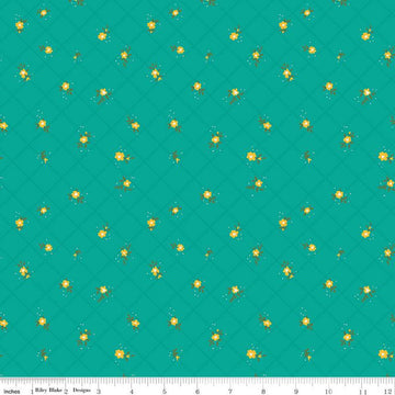 24" End of Bolt - Market Street Flower Grid C14128 Teal - Riley Blake - Floral Flowers Blossoms Dots Diagonal Grid - Quilting Cotton Fabric
