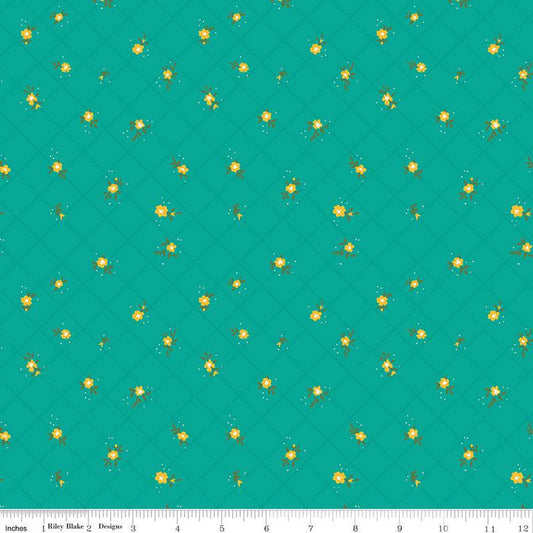 24" End of Bolt - Market Street Flower Grid C14128 Teal - Riley Blake - Floral Flowers Blossoms Dots Diagonal Grid - Quilting Cotton Fabric