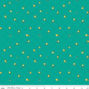 Fat Quarter End of Bolt -  Market Street Flower Grid C14128 Teal - Riley Blake - Floral Flowers Blossoms Dots - Quilting Cotton Fabric