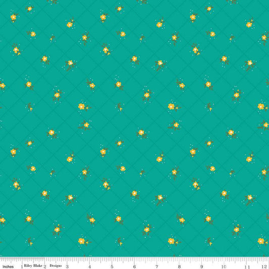 Fat Quarter End of Bolt -  Market Street Flower Grid C14128 Teal - Riley Blake - Floral Flowers Blossoms Dots - Quilting Cotton Fabric