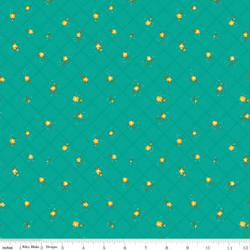 Fat Quarter End of Bolt -  Market Street Flower Grid C14128 Teal - Riley Blake - Floral Flowers Blossoms Dots - Quilting Cotton Fabric