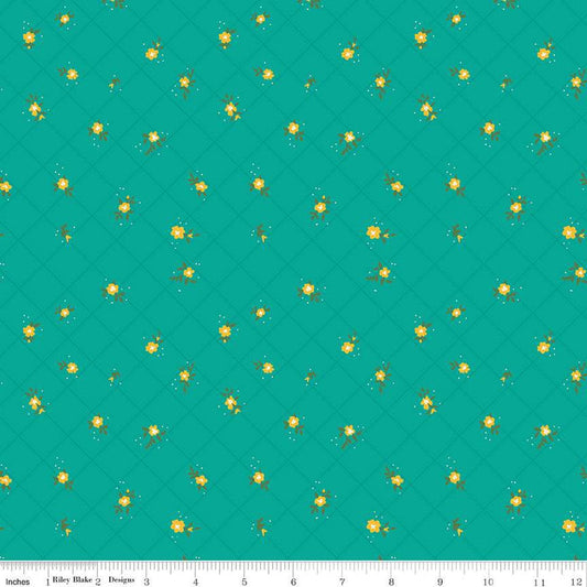 Fat Quarter End of Bolt -  Market Street Flower Grid C14128 Teal - Riley Blake - Floral Flowers Blossoms Dots - Quilting Cotton Fabric