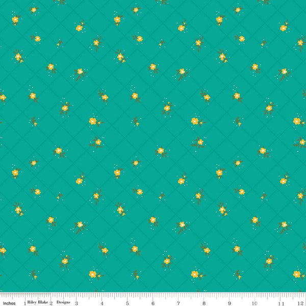 SALE Market Street Flower Grid C14128 Teal by Riley Blake Designs - Floral Flowers Blossoms Dots Diagonal Grid - Quilting Cotton Fabric