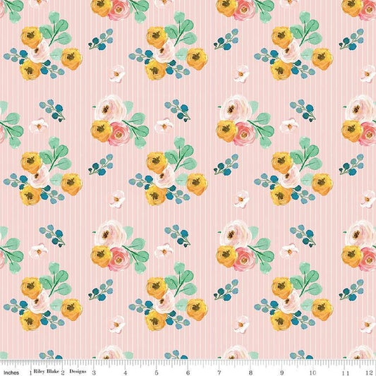 Spring Gardens Bouquets C14111 Pink - Riley Blake Designs - Floral Flowers Pin Stripes - Quilting Cotton Fabric