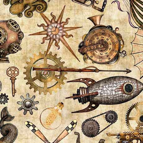 Steampunk Adventures 29563 Steampunk Toss E - by QT Fabrics - Victorian Motifs Clockwork Gears Keys - Quilting Cotton Fabric