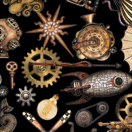 Steampunk Adventures 29563 Steampunk Toss J - by QT Fabrics - Victorian Motifs Clockwork Gears Keys - Quilting Cotton Fabric