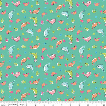 SALE Mer-Mazing Sea Creatures C14191 Green - Riley Blake Designs - Fish Dolphins Crabs Starfish - Quilting Cotton Fabric