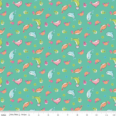 Mer-Mazing Sea Creatures C14191 Green - Riley Blake Designs - Fish Dolphins Crabs Starfish - Quilting Cotton Fabric