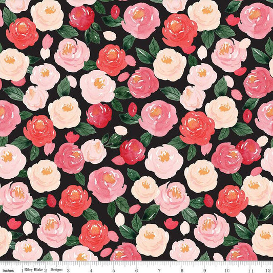 DEAL My Valentine Main C14150 Black - Riley Blake Designs - Floral Flowers Leaves Valentine's Day Valentines - Quilting Cotton Fabric