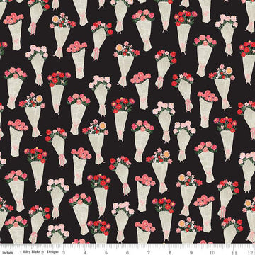 CLEARANCE My Valentine Bouquets C14152 Black - Riley Blake Designs - Floral Flowers Valentine's Day Valentines - Quilting Cotton Fabric