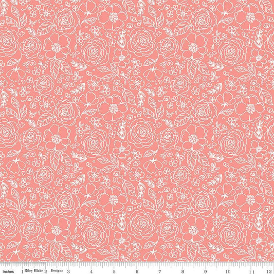 DEAL My Valentine Lined Roses C14153 Coral - Riley Blake Designs - Floral Flowers Valentine's Day Valentines - Quilting Cotton Fabric