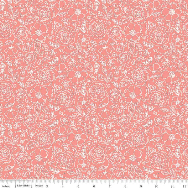 SALE My Valentine Lined Roses C14153 Coral by Riley Blake Designs - Floral Flowers Valentine's Day Valentines - Quilting Cotton Fabric