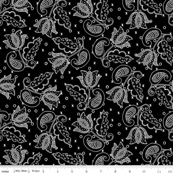 25" End of Bolt - All My Heart Valentine Tulips C14138 Black by Riley Blake - Floral Flowers Valentine's Day - Quilting Cotton Fabric