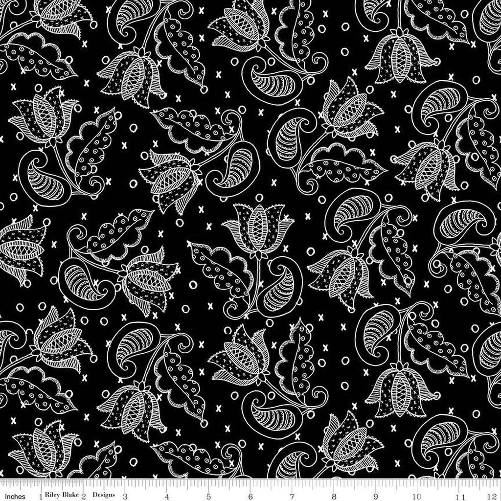 Fat Quarter End of Bolt - SALE All My Heart Valentine Tulips C14138 Black by Riley Blake - Flowers Valentine's Day - Quilting Cotton Fabric