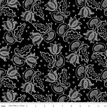 Fat Quarter End of Bolt - SALE All My Heart Valentine Tulips C14138 Black - Riley Blake - Flowers Valentine's Day - Quilting Cotton Fabric