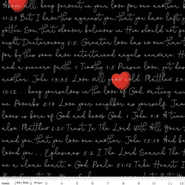 CLEARANCE All My Heart Love Letters C14139 Black by Riley Blake Designs - Bible Hearts Valentine's Day Valentines - Quilting Cotton Fabric