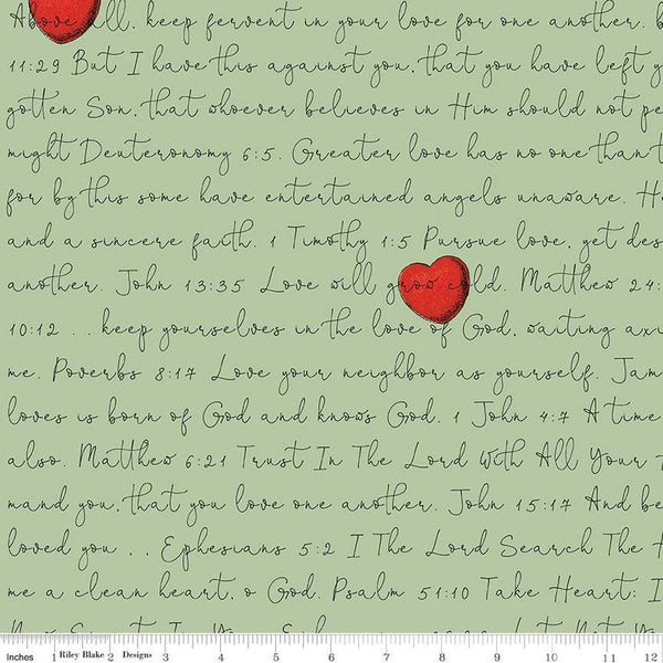 SALE All My Heart Love Letters C14139 Green by Riley Blake Designs - Bible Text Hearts Valentine's Day Valentines - Quilting Cotton Fabric