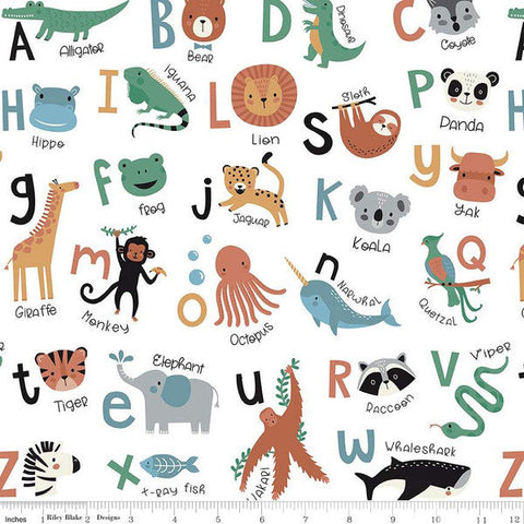 Alphabet Zoo Main C14090 White by Riley Blake Designs - Letters Animals - Quilting Cotton Fabric