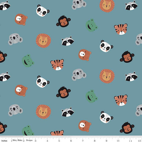 SALE Alphabet Zoo Face Toss C14092 Stone Blue by Riley Blake Designs - Animal Faces Animals - Quilting Cotton Fabric