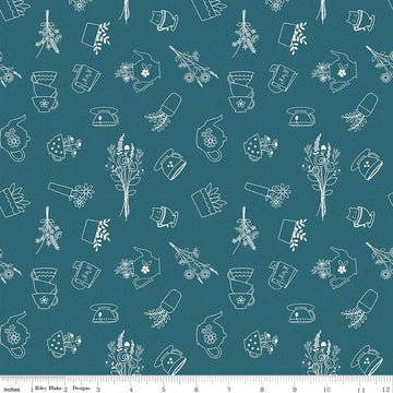 Fat Quarter End of Bolt Piece Afternoon Tea Sketches C14031 Colonial Blue Riley Blake Designs Teapots Teacups Flowers Quilting Cotton Fabric
