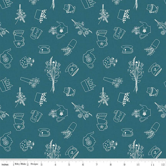 Fat Quarter End of Bolt Piece Afternoon Tea Sketches C14031 Colonial Blue Riley Blake Designs Teapots Teacups Flowers Quilting Cotton Fabric