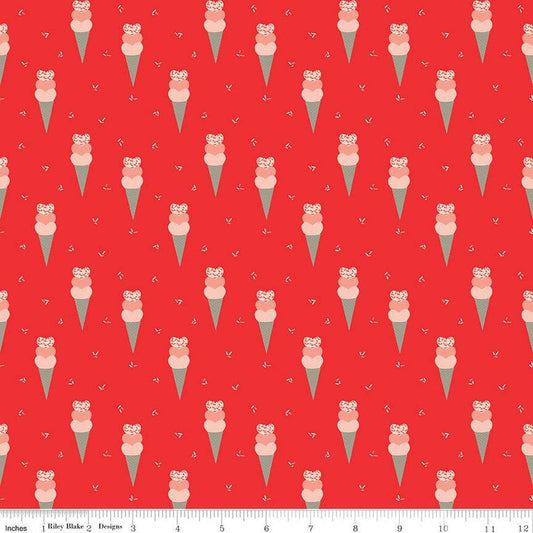 25" End of Bolt - CLEARANCE I Love Us Cones Red Ice Cream Valentine Fabric - C13961 - Riley Blake Quilting Cotton Fabric