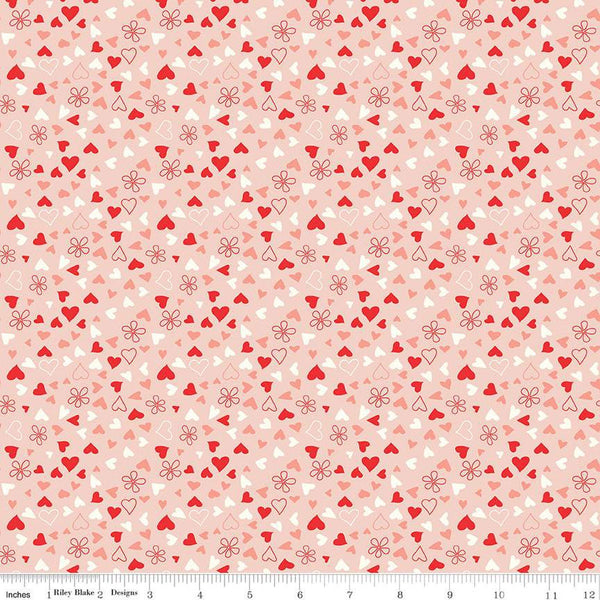 I Love Us Scattered Hearts C13964 Blush by Riley Blake Designs - Valentine's Day Valentines Hearts Daisies - Quilting Cotton Fabric