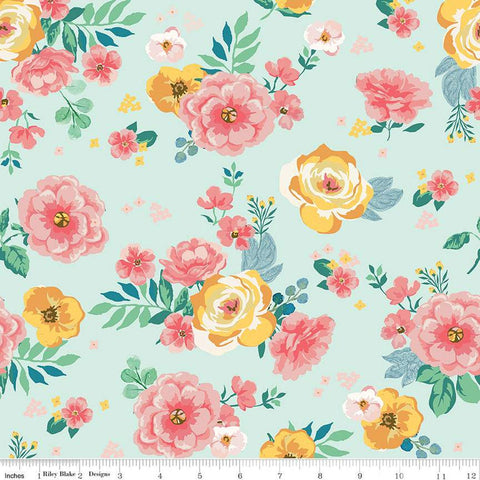 Fat Quarter End of Bolt - SALE Spring Gardens Main C14110 Sky by Riley Blake Designs - Floral Flowers - Quilting Cotton Fabric