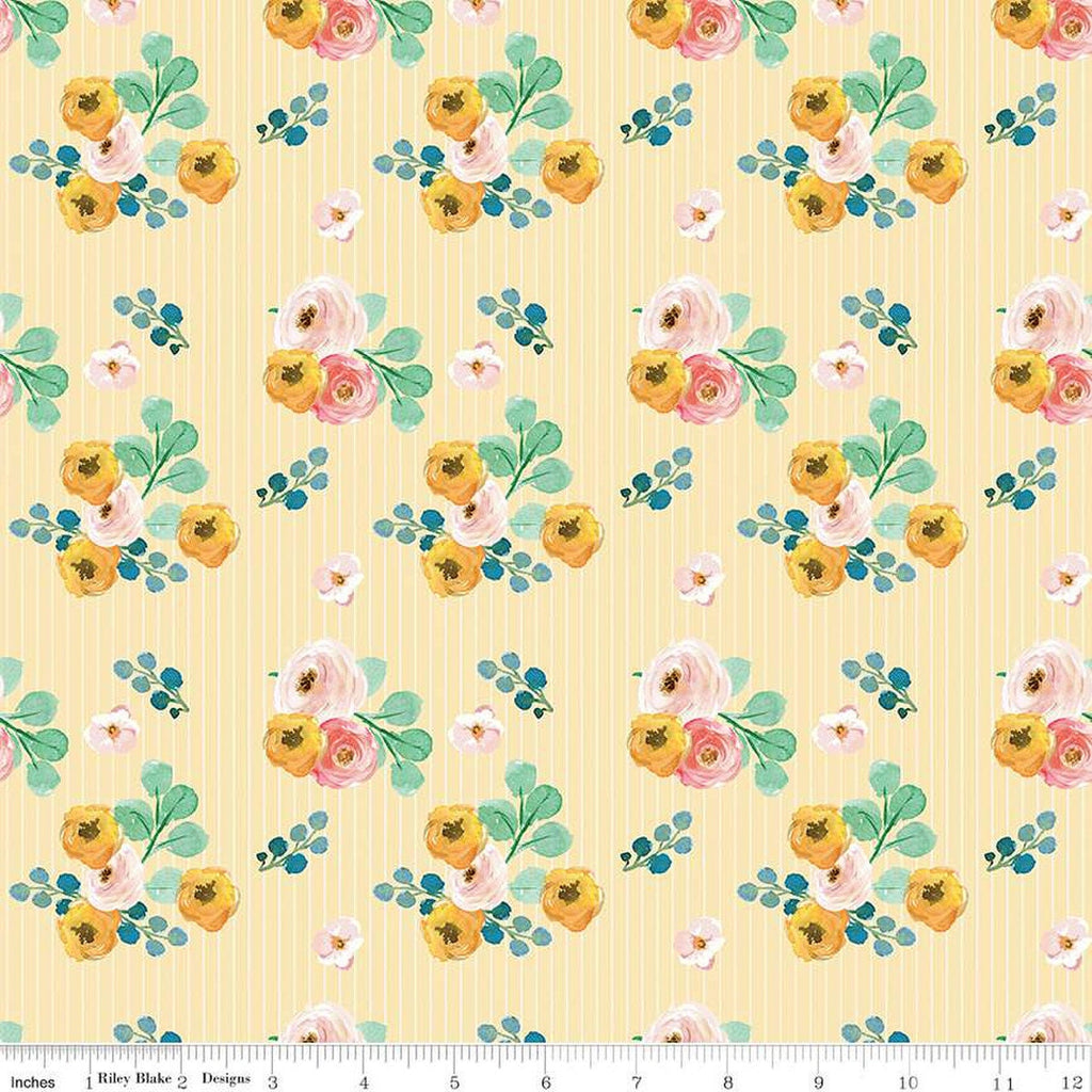 SALE Spring Gardens Bouquets C14111 Beehive by Riley Blake Designs - Floral Flowers Pin Stripes - Quilting Cotton Fabric