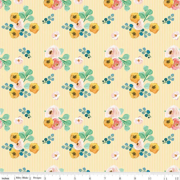 CLEARANCE Spring Gardens Bouquets C14111 Beehive by Riley Blake Designs - Floral Flowers Pin Stripes - Quilting Cotton Fabric