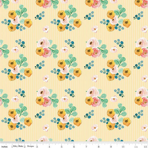 CLEARANCE Spring Gardens Bouquets C14111 Beehive by Riley Blake Designs - Floral Flowers Pin Stripes - Quilting Cotton Fabric