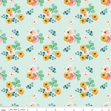 SALE Spring Gardens Bouquets C14111 Sky by Riley Blake Designs - Floral Flowers Pin Stripes - Quilting Cotton Fabric
