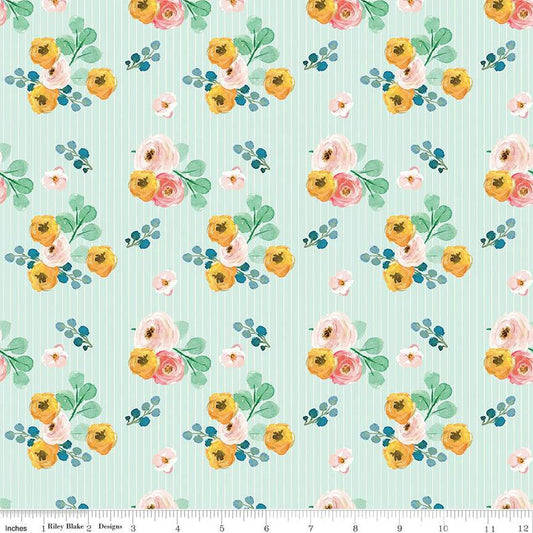SALE Spring Gardens Bouquets C14111 Sky by Riley Blake Designs - Floral Flowers Pin Stripes - Quilting Cotton Fabric