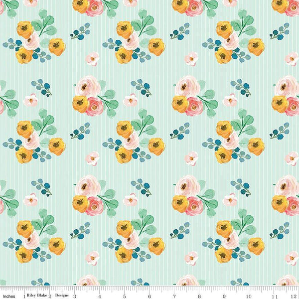 Spring Gardens Bouquets C14111 Sky by Riley Blake Designs - Floral Flowers Pin Stripes - Quilting Cotton Fabric