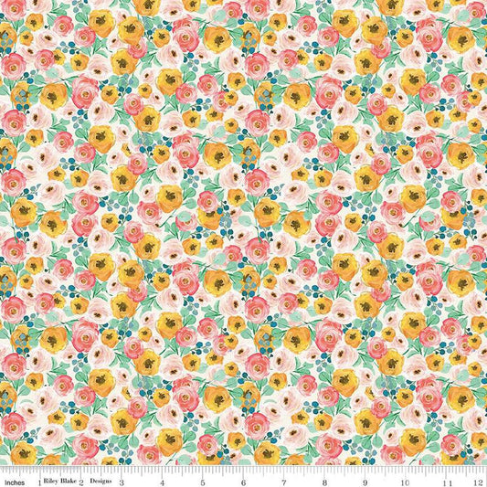 SALE Spring Gardens Floral C14112 Cream - Riley Blake Designs - Flowers Leaves - Quilting Cotton Fabric