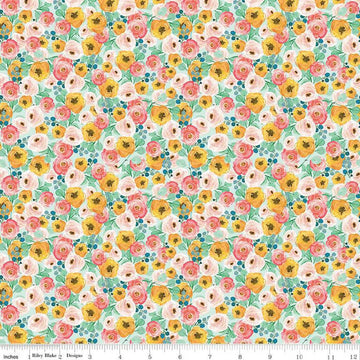 CLEARANCE Spring Gardens Floral C14112 Sky - Riley Blake Designs - Flowers Leaves - Quilting Cotton Fabric