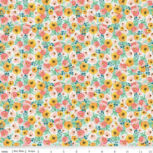 CLEARANCE Spring Gardens Floral C14112 Sky - Riley Blake Designs - Flowers Leaves - Quilting Cotton Fabric