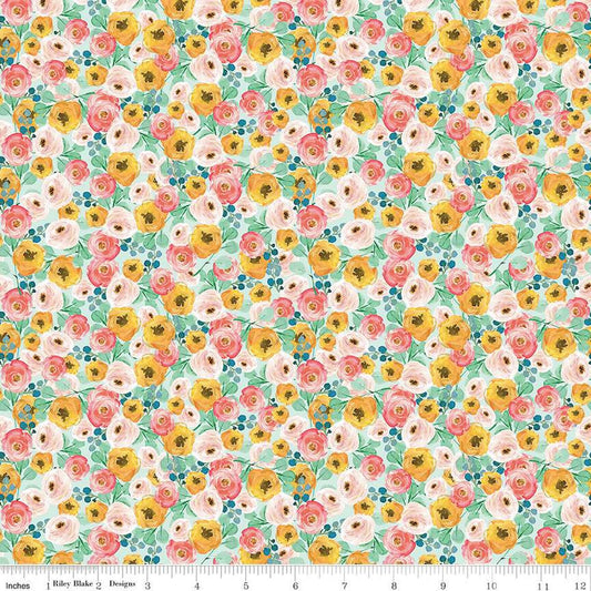 17" End of Bolt - CLEARANCE Spring Gardens Floral C14112 Sky - Riley Blake Designs - Flowers Leaves - Quilting Cotton Fabric