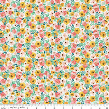 10" End of Bolt - CLEARANCE Spring Gardens Floral C14112 Sky - Riley Blake Designs - Flowers Leaves - Quilting Cotton Fabric