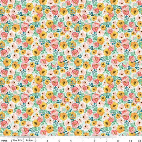 SALE Spring Gardens Floral C14112 Sky by Riley Blake Designs - Flowers Leaves - Quilting Cotton Fabric