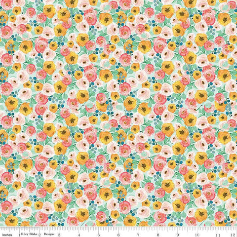 SALE Spring Gardens Floral C14112 Sky by Riley Blake Designs - Flowers Leaves - Quilting Cotton Fabric