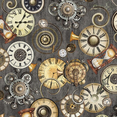 Steampunk Adventures 29564 Clock Toss K - by QT Fabrics - Victorian Motifs Clocks - Quilting Cotton Fabric