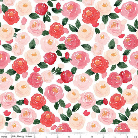 11" End of Bolt - My Valentine Main C14150 White by Riley Blake - Floral Flowers Leaves Valentine's Day Valentines - Quilting Cotton Fabric