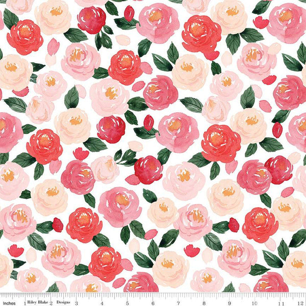 25" End of Bolt - My Valentine Main C14150 White by Riley Blake - Floral Flowers Leaves Valentine's Day Valentines - Quilting Cotton Fabric