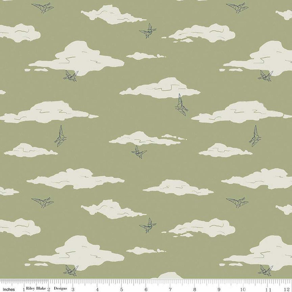 SALE Cretaceous Pterodactyl Clouds C14103 Sage by Riley Blake Designs - Dinosaur Dinosaurs - Quilting Cotton Fabric