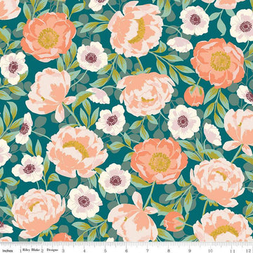 18" End of Bolt - Blossom Lane Main C14000 Ocean by Riley Blake Designs - Floral Flowers - Quilting Cotton Fabric