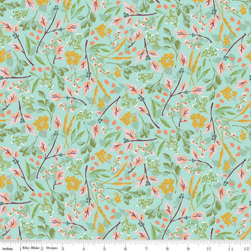 DEAL Blossom Lane Floral Branches C14001 Aqua - Riley Blake Designs - Leaves Flowers - Quilting Cotton Fabric